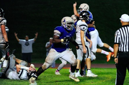BENSALEM, PA - OCTOBER 21: With :42 on the clock, Bensalem's Derrick Thomas #3 is hoisted by a teammate as Council Rock North's Mason Luff #46 reacts after Thomas booted in the game-winning PAT during the fourth quarter of a Suburban One League National Conference football game at Bensalem High School Oct. 21, 2016. Bensalem won 21-20. (Photo by Corey Perrine)