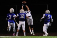 BENSALEM, PA - OCTOBER 21: A high pass is just out of reach for Council Rock North's Phil Huddy #18 as Bensalem's Gerald Whea #7, Bensalem's Rob Fund #12 and Bensalem's Keith Parrish III #5 look on during the third quarter of a Suburban One League National Conference football game at Bensalem High School Oct. 21, 2016. Bensalem won 21-20. (Photo by Corey Perrine)