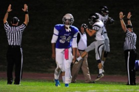 BENSALEM, PA - OCTOBER 21: Council Rock North's Kevin Gibson #23 and Council Rock North's Phil Huddy #18 celebrate a touchdown during the second quarter as Bensalem's Nadir Smith #34 walks off in a Suburban One League National Conference football game at Bensalem High School Oct. 21, 2016. Bensalem won 21-20. (Photo by Corey Perrine)